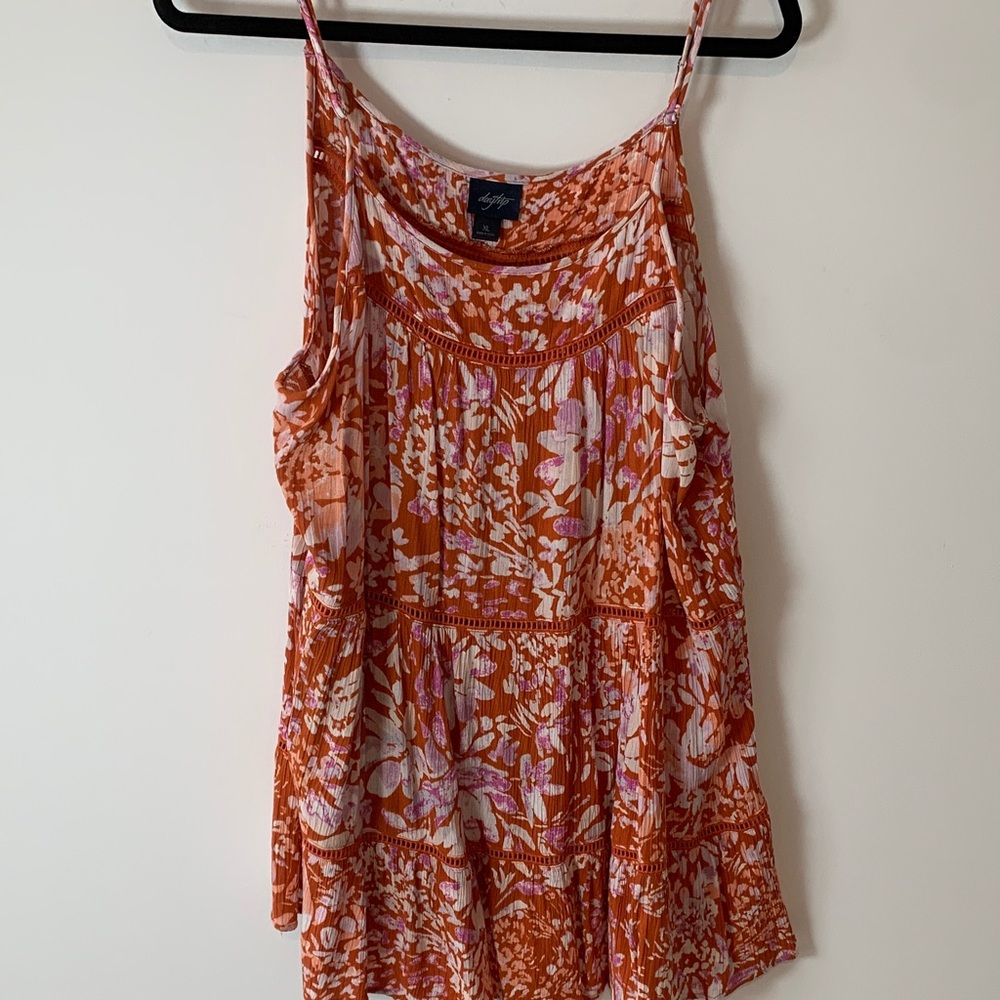 Day trip mini babydoll dress gauzy Orange and White Floral XL(or long blouse)